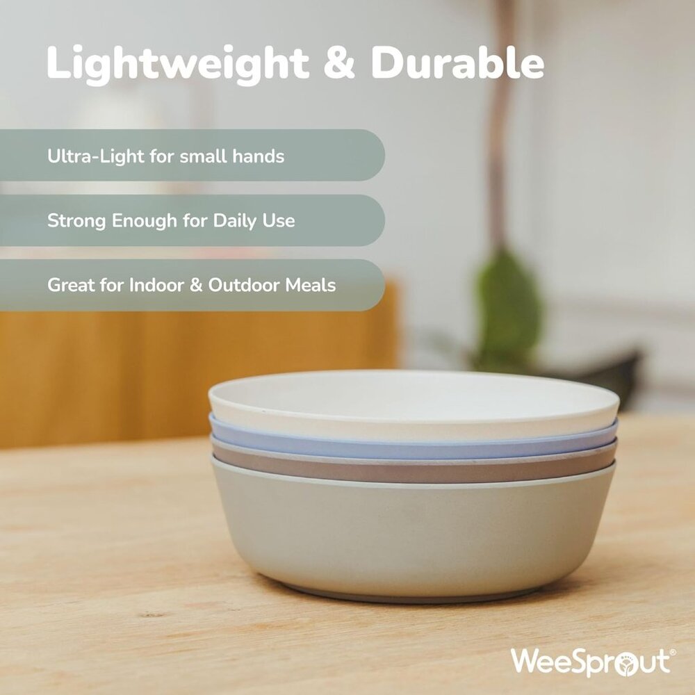 WeeSprout Bamboo Kids Bowls | Set of 4 | 15 oz | Blue, Green, Gray & Beige | NIB